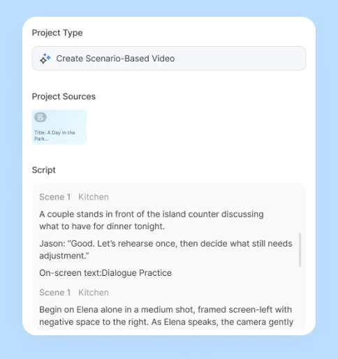 Visla Scenario-Based Video interface for starting a manager training video with a prompt or script